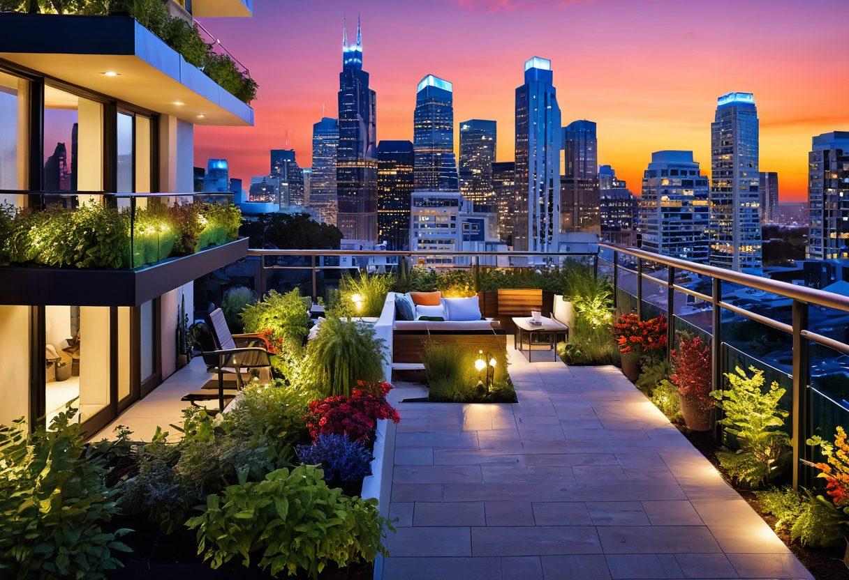A vibrant city skyline at sunset, featuring modern apartments with balcony gardens and rooftop terraces. Include a diverse group of people happily engaging in outdoor activities like biking and jogging, capturing the essence of urban life. Showcase a balance of lush green spaces among buildings to symbolize affordability and accessibility. Bright lights and warm colors to evoke a sense of community and excitement. super-realistic. vibrant colors. 3D.