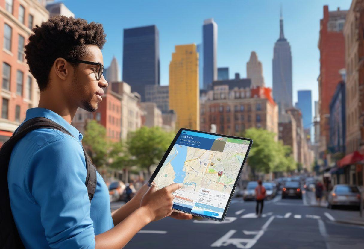 A bustling urban landscape filled with diverse apartment buildings, people exploring rental listings on tablets, and mobile screens depicting maps and prices. In the foreground, a friendly guide character is holding a 'Guide to Renting' brochure, while a city skyline looms in the background representing different neighborhoods. The scene is vibrant with street life and a clear blue sky. super-realistic. vibrant colors. 3D.