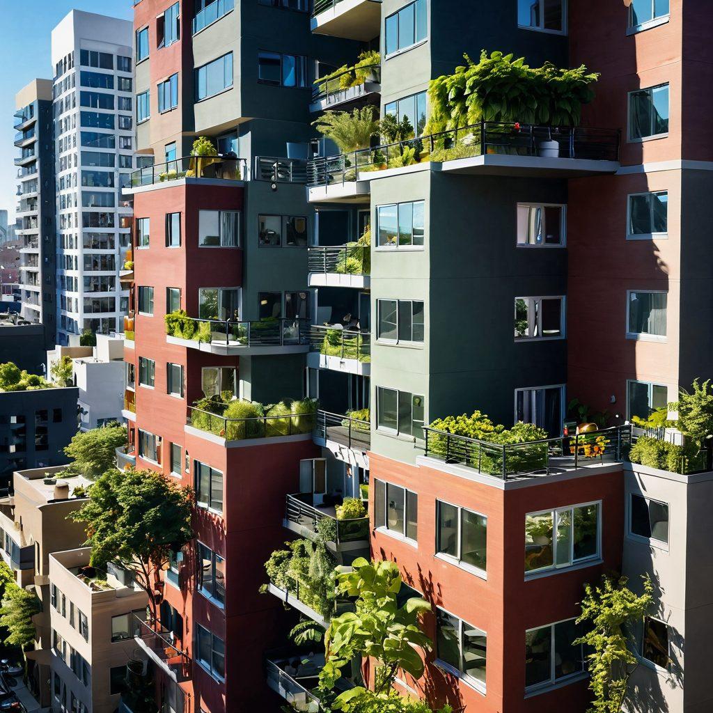 A vibrant city skyline showcasing a variety of apartment styles, from sleek modern condos to cozy studios. Include diverse people exploring these spaces, with lush greenery and urban features in the foreground. Bright sunlight casts interesting shadows, highlighting the architectural differences. An inviting atmosphere that suggests comfort and convenience in city living. vibrant colors. super-realistic.